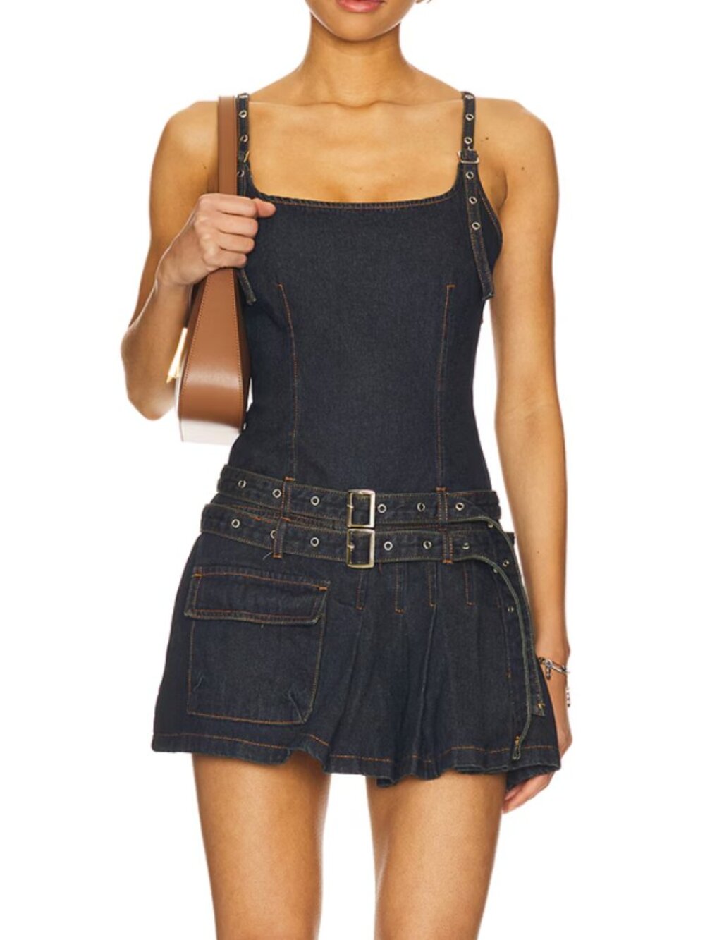 NEW LIONESS x REVOLVE Biker Mini Dress in Indigo Dark Blue Jean Denim Buckle XS - Picture 1 of 4